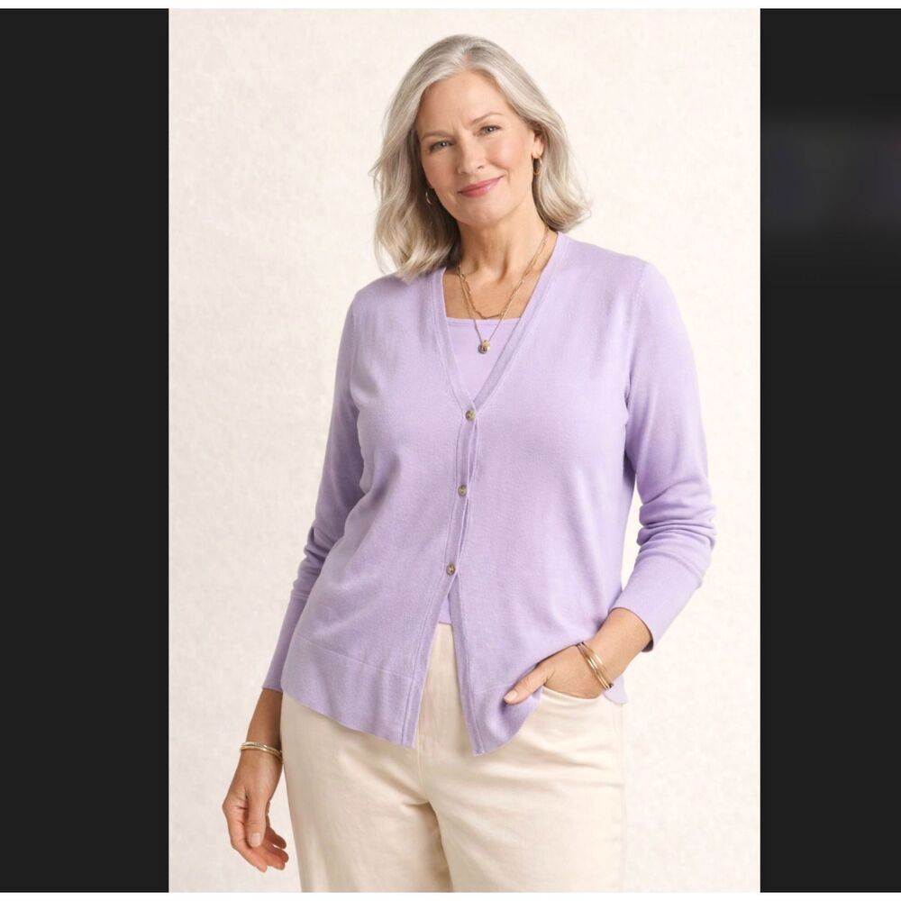 J Jill Cardigan LP Lavender Organic Cotton Lightweight V Neck Spring Knit Resort
